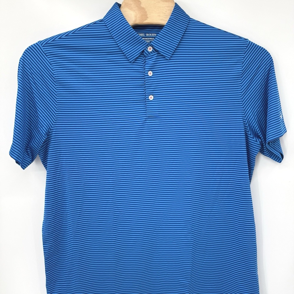 Michel Rouen Performance Polo Men XL Blue Striped Short Sleeve Golf Shirt